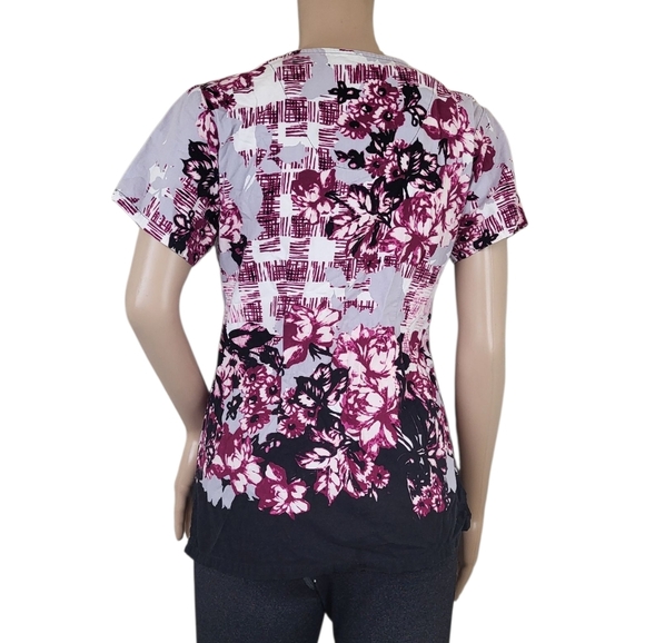 Greys Anatomy Scrub Top Purple Gray Floral Print Black Pink - Picture 2 of 4